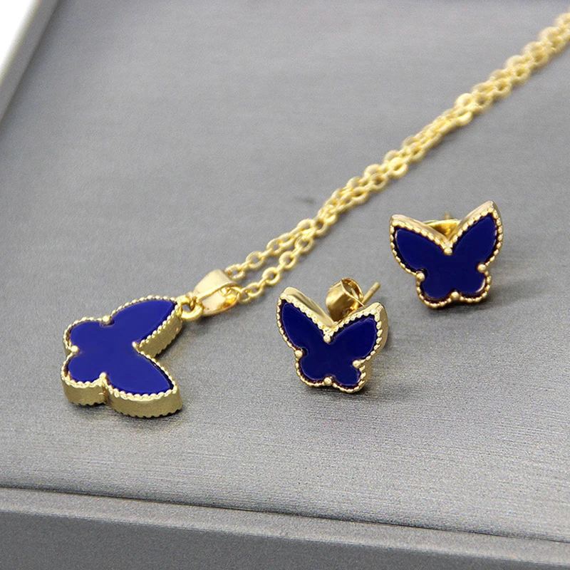 Cute Enamel Butterfly Pendants Necklaces and Earrings Jewelry Set for Women Girls Fashion Brand Earings collier Z433 | Украшения и