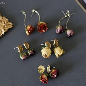 

AOMU 1Pair Vintage Eternal Rose Flower Metal Earrings for Women Purple Yellow Dry Flower Pearl Dangle Earrings Jewelry Gifts