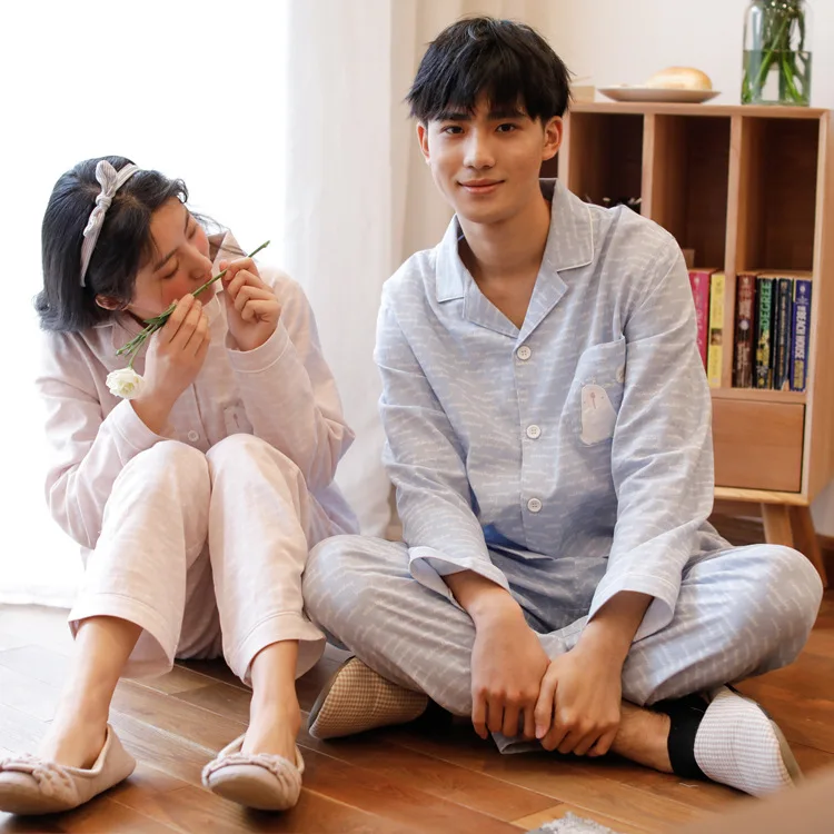 

Meju Spring And Summer New Style COUPLE'S Long-sleeve Suit Pajamas Pure Cotton Gauze Men Home Wear