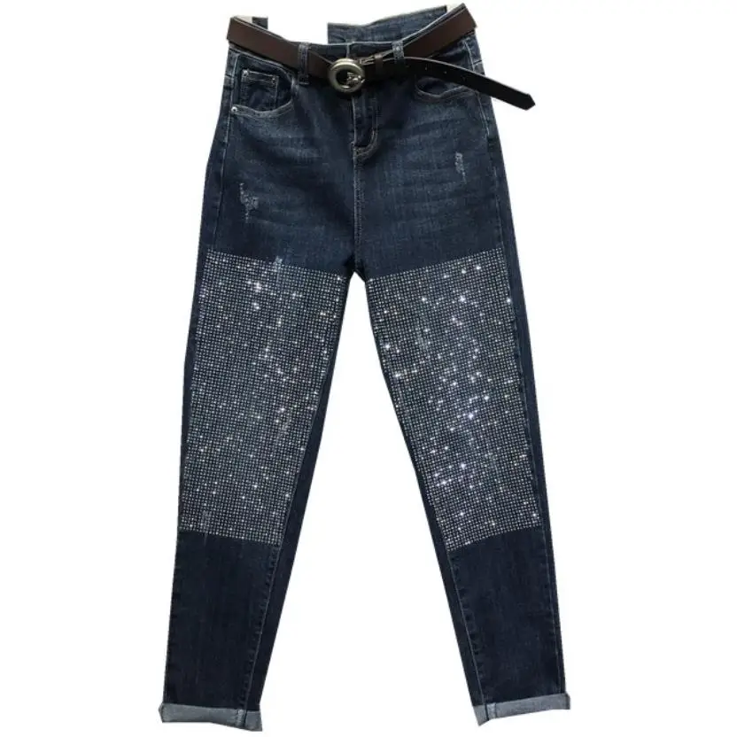 

Heavy work hot drilling high waist jeans women 2019 autumn fashion new high waist loose harem pants plus size