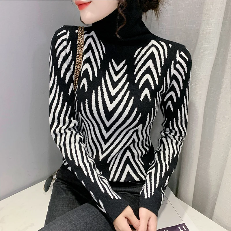 

Women's Turtleneck Knitted Pullover, Diagonal Stripes, New Zebra Sweater, Cultivate Show, Thin , European Blouse, Winter's Goods