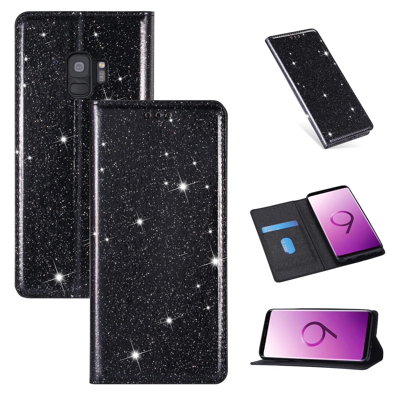 Флип-чехлы из искусственной кожи для samsung Galaxy Note 10, 8, 9, S10, S8, S9 Plus, S10e, S6, S7 Edge, блестящий чехол-подставка для карт - Цвет: black