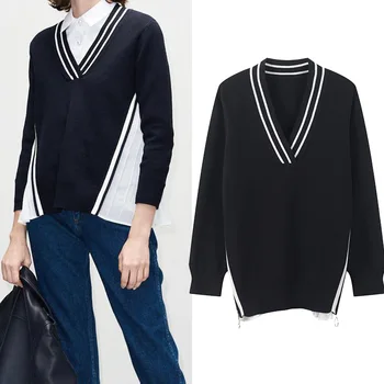 

2020 Spring Autumn Women's Knit Sweater V-neck Both Sides Zipper Pleated Patchwork Long Sleeve Pullover Lady Tops
