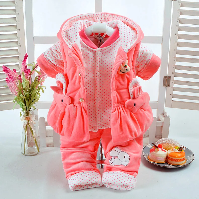 Комплекты зимней одежды для маленьких девочек пуховая куртка с капюшоном комбинезоны с принтом кролика зимняя одежда для малышей 3 предмета, 1, 2, 3, 4 года - Цвет: Красный