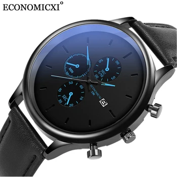 

Retro Three Eyes Casual Leather Man Watch Blue Pointer Belt Quartz Mens Watch Male WriststWatch Date Relogio Masculino Clock