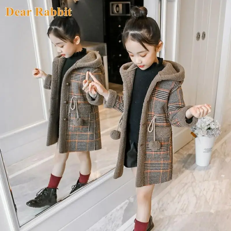 Fashion Design Autumn Winter parka Girl Long Woolen Coat for Kids Outerwear Grid pattern Padded Warm clothing girls winter coat