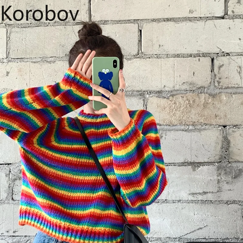 Korobov 2019 Осень Новый Радужный полосатый Женский пуловер корейский длинный рукав
