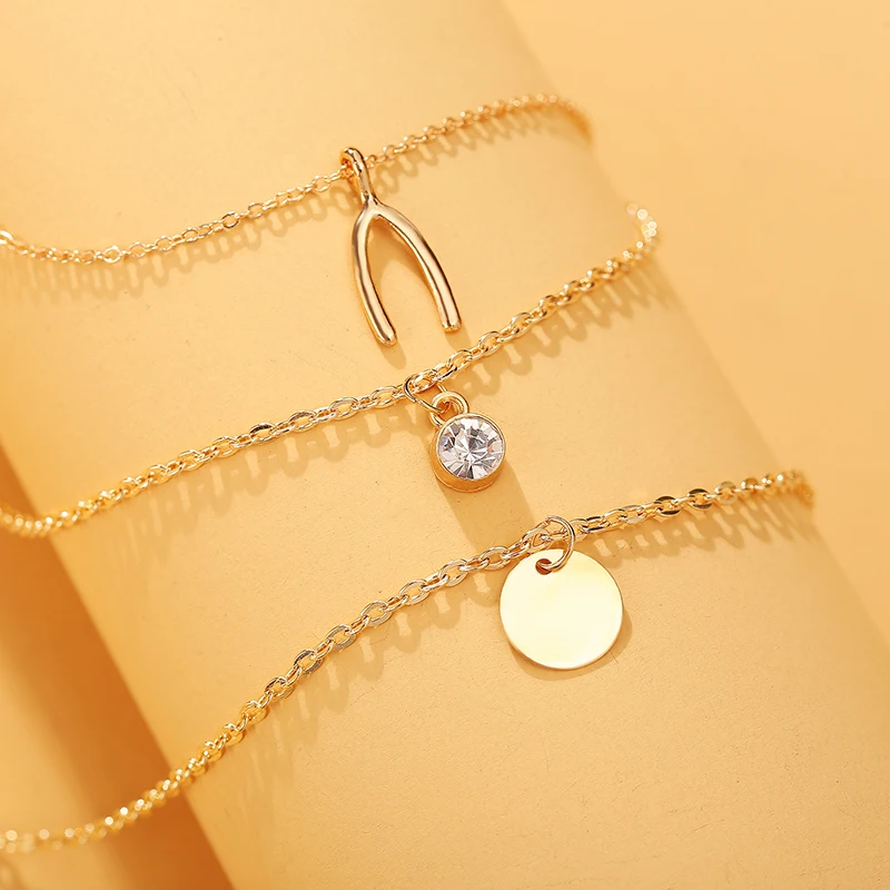 Multilayer V Shaped Pendant Necklace For Women Retro Gold Color Round