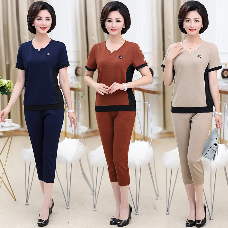 

Mom Summer Wear Set Two-Piece Women's Summer Short Sleeve T-shirt Middle-aged WOMEN'S Dress Casual Middle Aged And Elderly Peopl