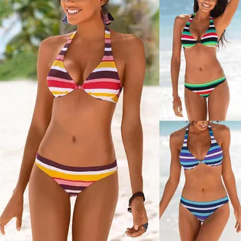

Bikini 2020 mujer Women Boho Stripes Halter Push Up Bandeau Bikini Set Two Piece Swimsuits maillot de bain femme купальник