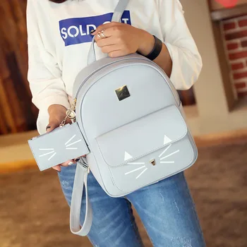 

New Pu cartoon kitten backpack female Korean fashion all-around college style student bag backpack