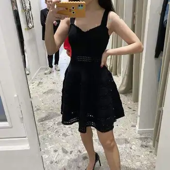 

Women Dress 2020 Spring and Summer New Black Backless Sleeveless Sling Knit Dress Waist Ruffled