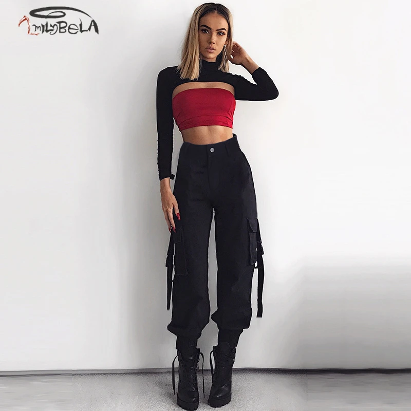 

Imily Bela Casual Empire Cargo Pants Women Loose Pocket High Waist Trousers Femme 2019 Autumn Winter Solid Color Streetwear