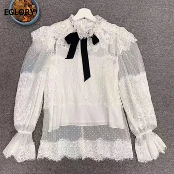 

High Quality Lace Blouse 2019 Autumn Shirt Women Ruffled Collar Sexy Sheer Polka Dot Mesh Patchwork Elegant Blouse Shirt White