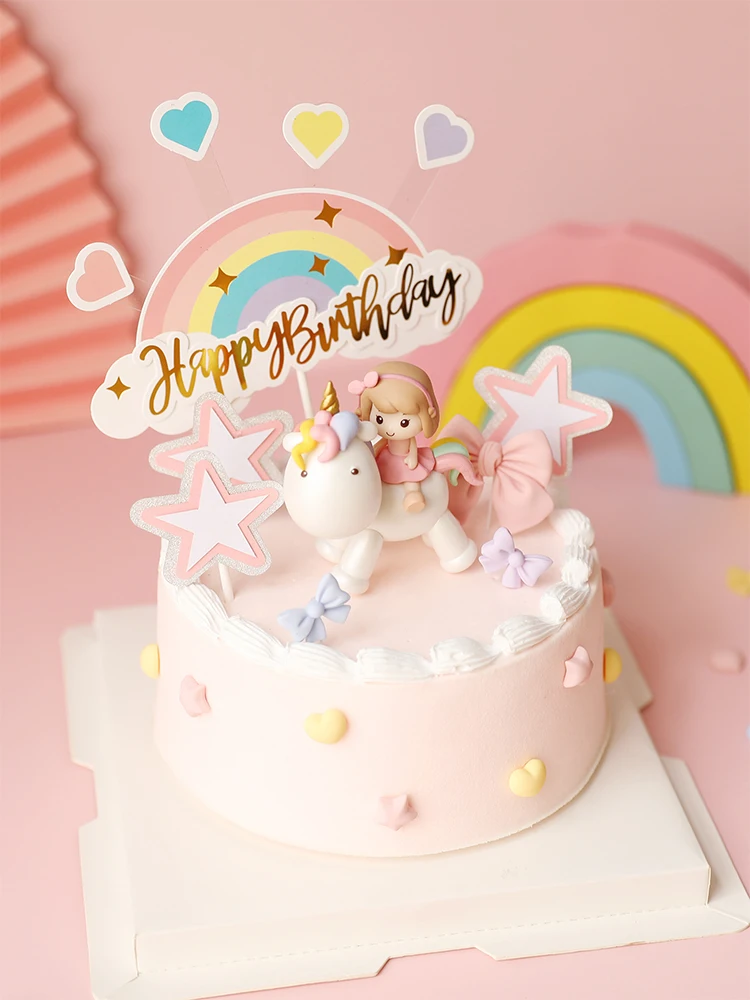 Unicorn Girl Straw Cake Topper for Birthday Party Decor Hairball Clouds Baking Supplies Ladder Baby Shower Dessert Love Gifts