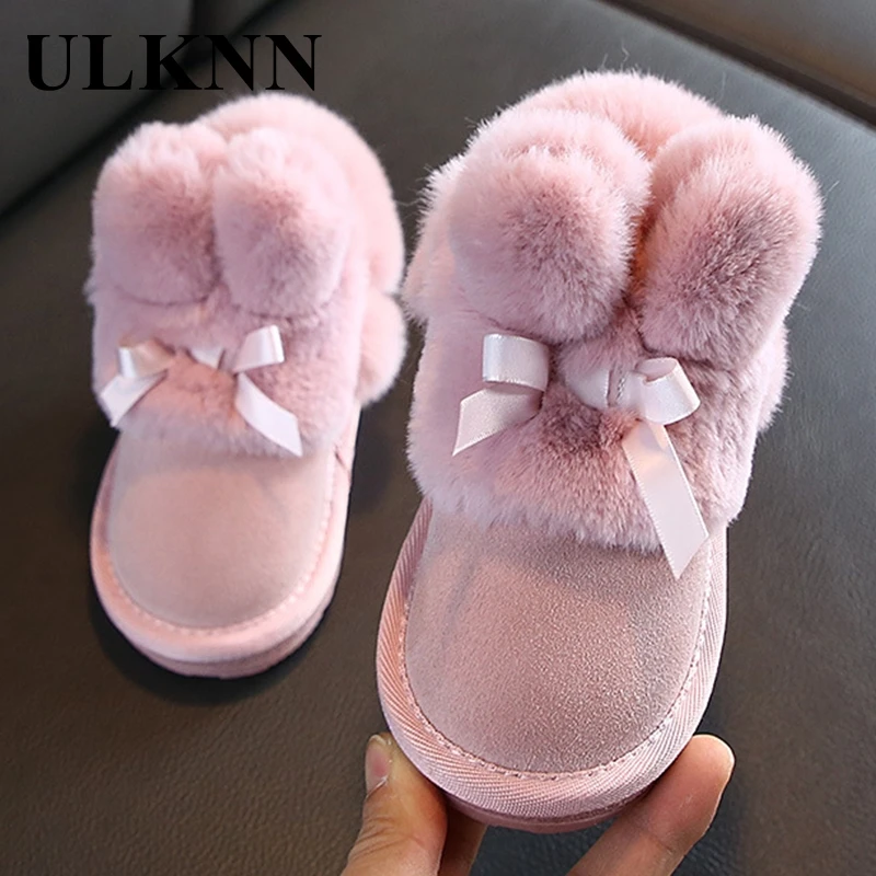 

ULKNN Children Winter Snow Boots Fashion Kids Fur Cotton Shoes Girls Keep Warm Ankle Boots Anti Slip Autumn Pink Black