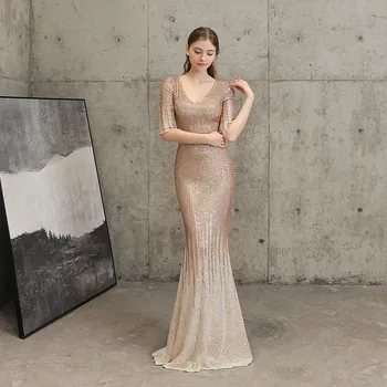 

Sequins Long Evening Dresses half sleeve v-neck Prom evening Dress Elegant sexy mermaid Formal evening Gowns