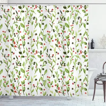 

Floral Shower Curtain by, Watercolor Stylized Cherry Bloom Branches Leaf Field Fruit Artful Print, Fabric Bathroom Decor Set