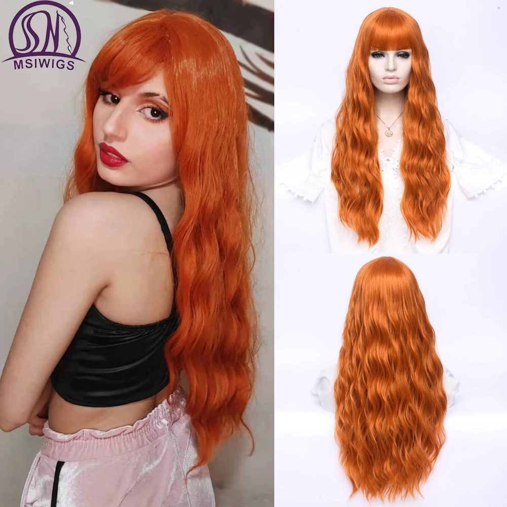 MSIWIGS Long Orange Synthetic Cosplay Wigs for White Women Halloween Hollywood Party with Bangs Lolita Daily Blonde Pink Hair retail frameless vanity mirror with light hollywood makeup lighted mirror 3 color light cosmetic mirror adjustable touch screen