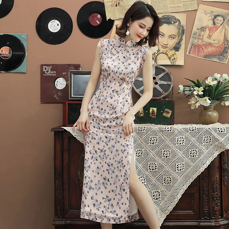 

Summer Women Sweet Solid Floral Sleeveless Split Stand Collar Cheongsam Female Long Print Button Dresses Fomalr Slim Lady Dress