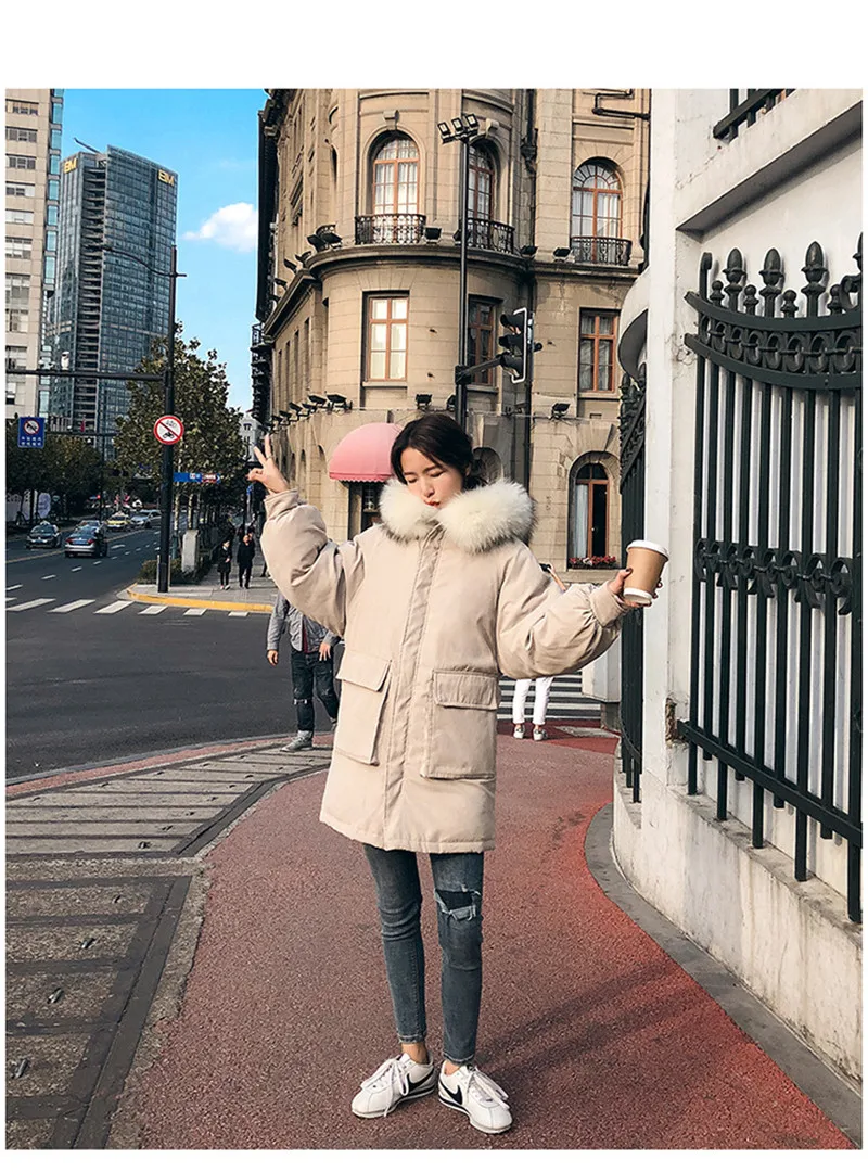 Hooded Fur Collar Fashion Winter Women Jacket Loose Cotton-Padded Coat Medium-Long Female Snow Wear With Large Pockets M075