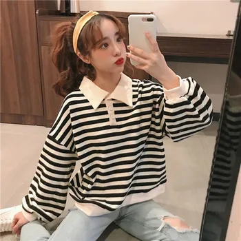 

Autumn Thin Wild Loose Lazy Wind Color Stripes Polo Collar Clothes for Girl Women Home Shopping Party Casual Clothes Shirts Sale