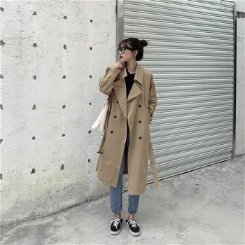 

2020 spring autumn moda coreana ropa mujer casual Khaki trench coat with belt for women Mid-length loose Windbreaker outerwear