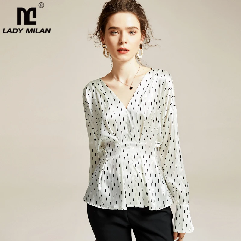 

100% Pure Silk Women's Designer Shirts Sexy V Neck Long Sleeves Printed Fashion Casual Blouse Shirts