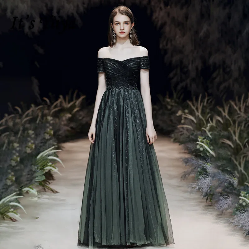 

Long Evening Dresses It's Yiiya R267 Off The Shoulder Women Formal Vestidos Dark Green Robe De Soiree Boat Neck Tulle Party Gown