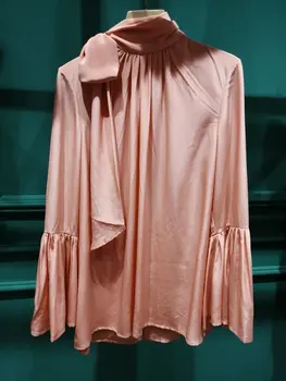 

2020 new ladies fashion trumpet long sleeve sexy casual solid color silk shirt 0519