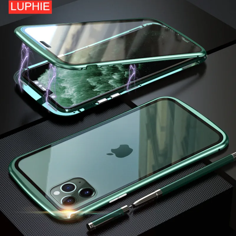 

LUPHIE Metal Frame Double-Sided Tempered Glass For iPhone 11 2019 Wasp Waist Ultra Slim Shockproof Cover For iPhone 11 Pro Max