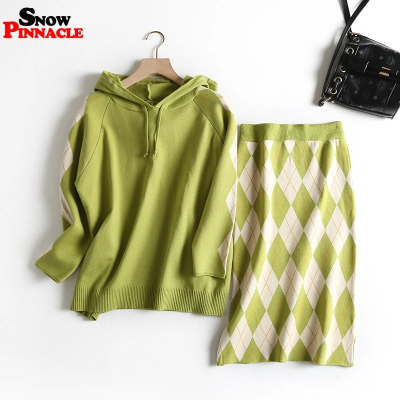 

2019 chic suit Sweater skirt Suit & Set Women Long Sleeve paild hoodie Autumn winter Knitted Dresses costume