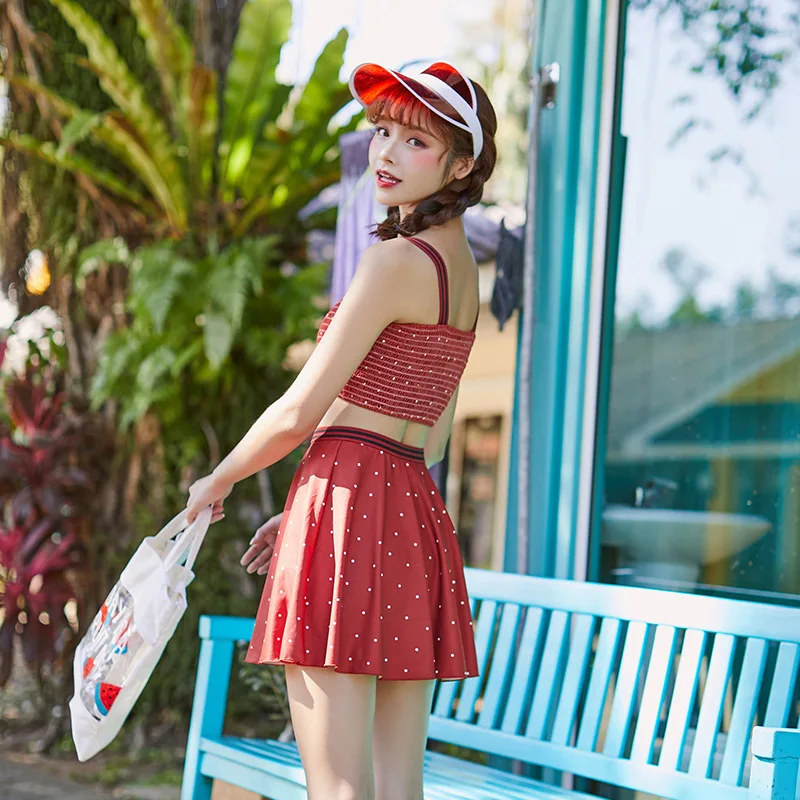 

Small Peach 2019 New Style Split Skirt-Style Bathing Suit Women's Three-piece Set Small Bust Gathering Conservative Belly Coveri