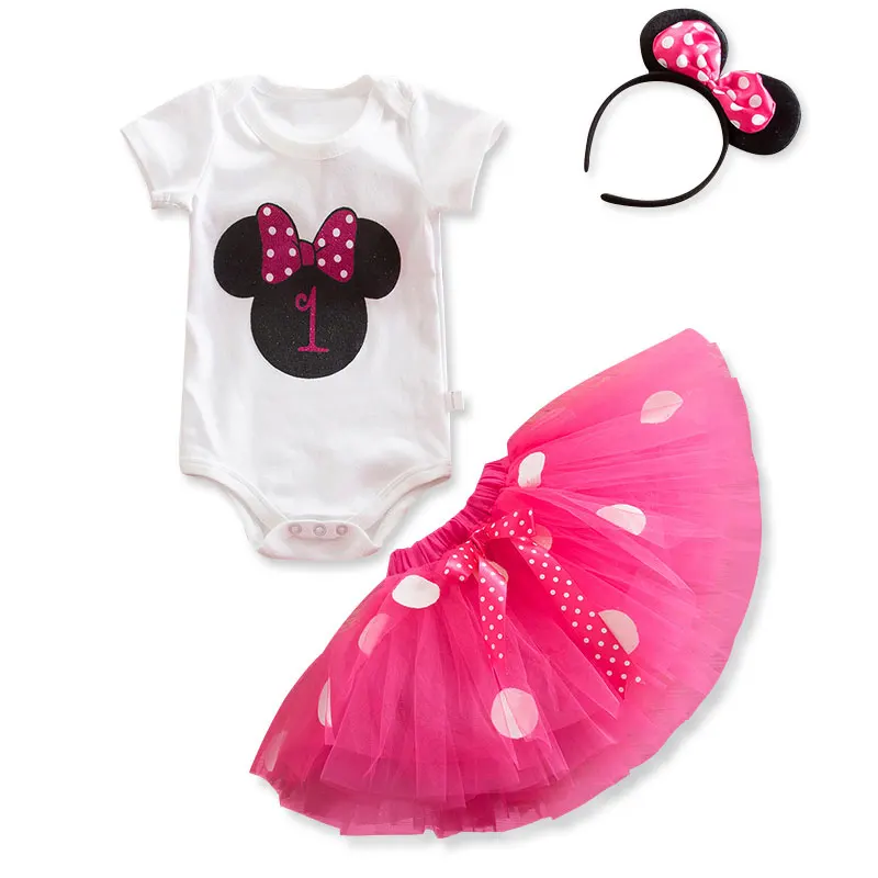 Милое розовое платье для первого дня рождения для маленьких девочек, 1 год, костюм летние наряды принцессы для малышей, платья для девочек на крестины, Пышное Платье - Цвет: Hot Pink