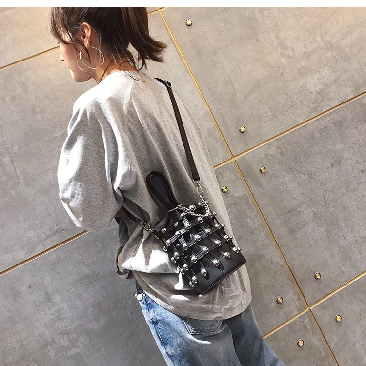 black hollow bucket bag new creative fashion Gothic punk shoulder Messenger bag personality shoulder bucket bag