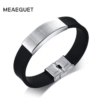 

Meaeguet Engrave Personalized Cross Bible ID Bracelet For Men Silicone Stainless Steel Bangle Name Jewelry 16mm Wide