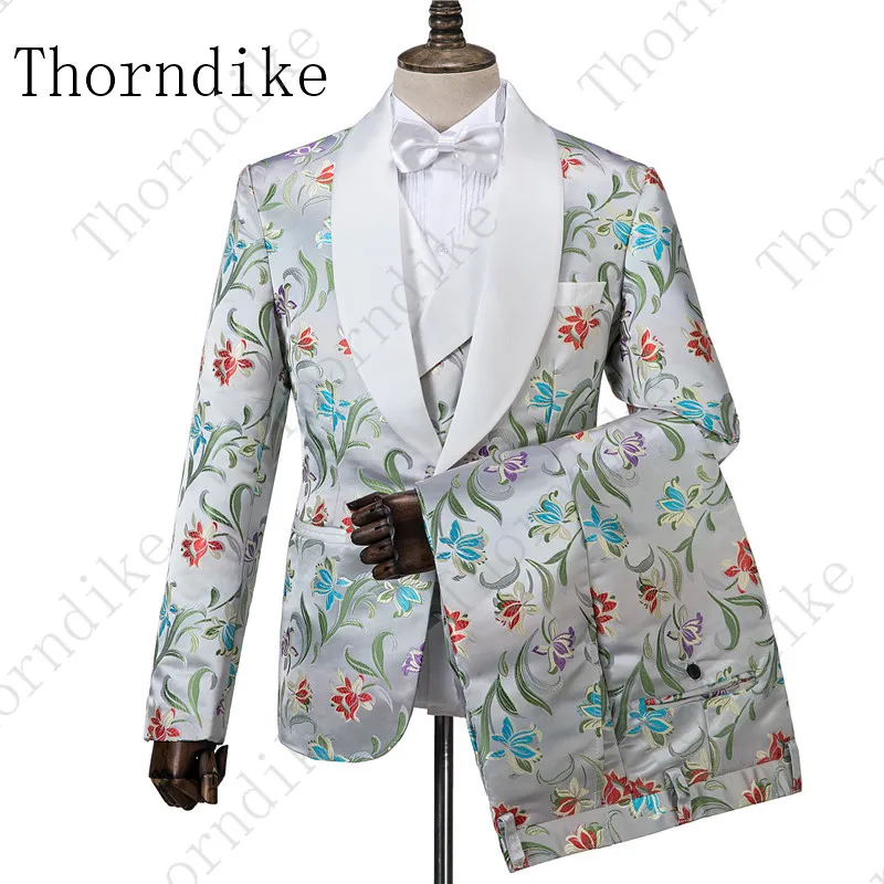 Мужской серебристый цветочный костюм на одной пуговице Thorndike для выпусквечерние