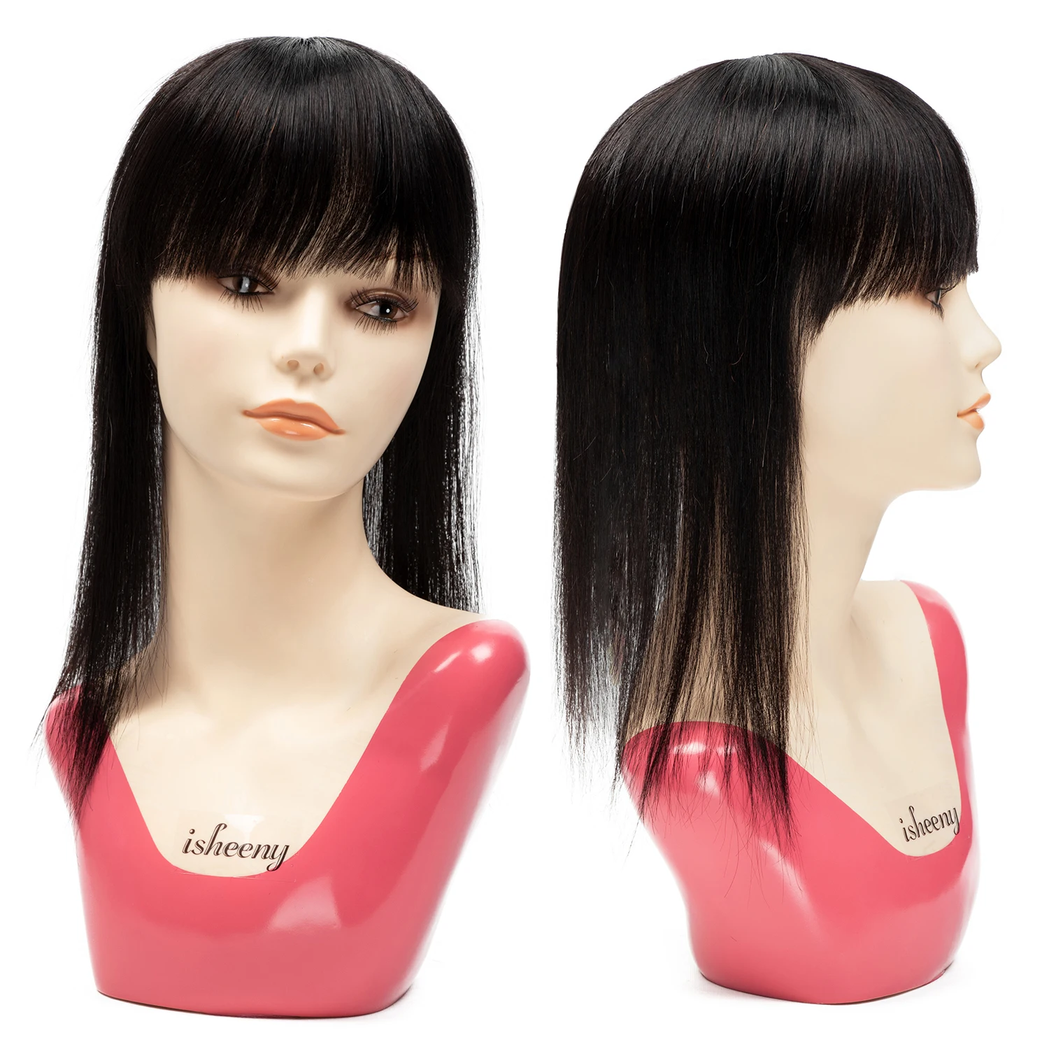 Isheeny-Peluca de pelo humano para mujer, peluquín de pelo humano indio virgen con Clip de 6 a 14 pulgadas, Color negro y marrón Natural, 12x12cm