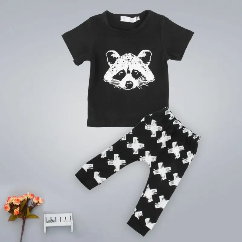 Одежда для новорожденных мальчиков от 0 до 24 месяцев г. Футболка с изображением животных для мальчиков, черные длинные штаны спортивные костюмы для новорожденных Комплект для маленьких мальчиков