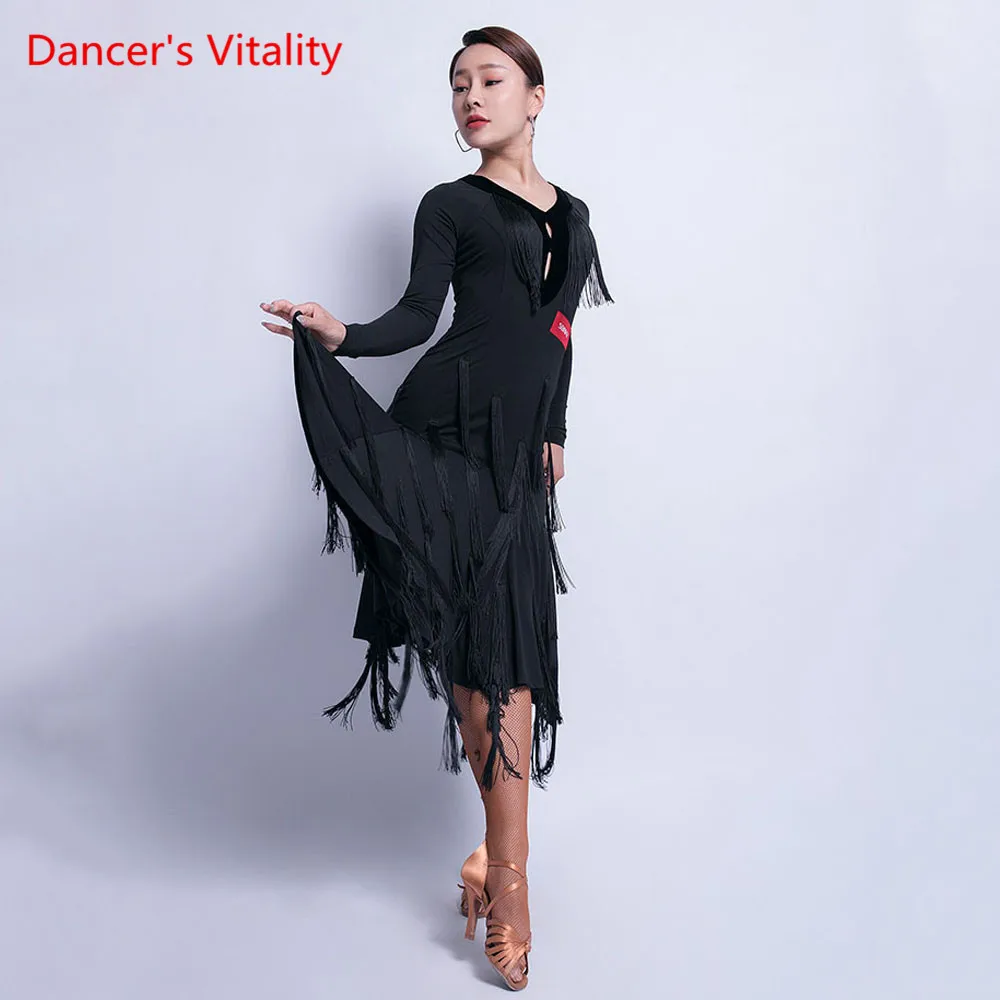 

Latin Dance New Female Adult Sexy Dress Tassels Practice Clothes Temperament V-neck Competition Training Costumes