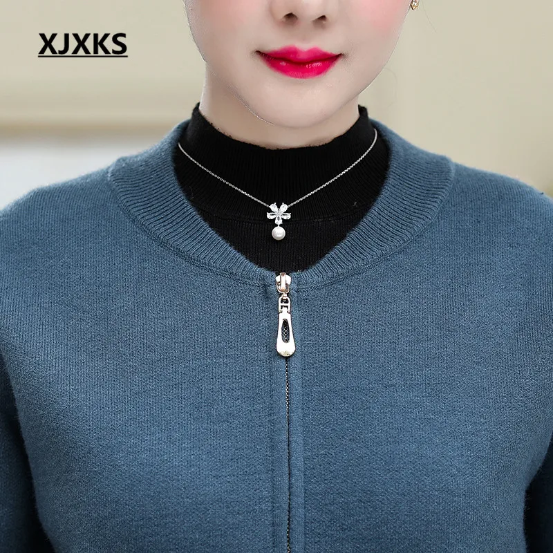 XJXKS Fashion with pocket embroidery women jacket autumn winter new loose plus size cashmere knitted sweater women cardigan