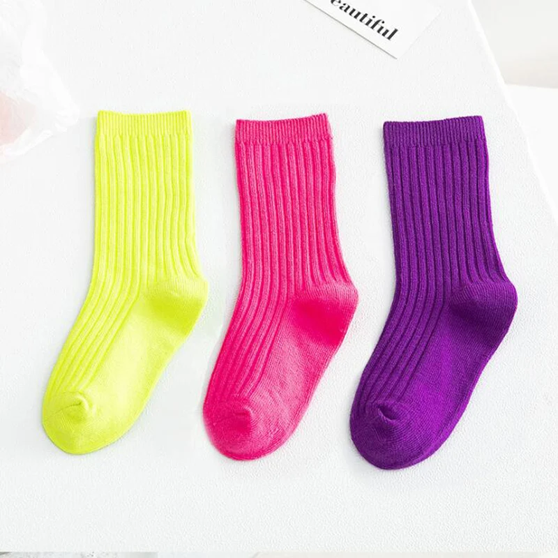 3 Pairs Autumn Winter Children Socks Boys Girls Soft Double Needle Cotton Tube Socks Solid Candy Color Sport