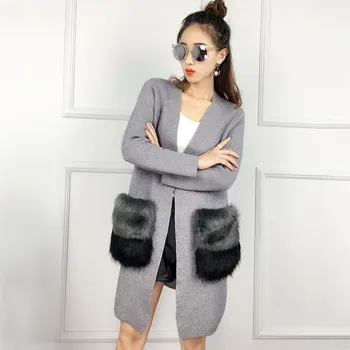 

Autumn Winter New Women Cardigan Knitted Red V-Neck Female Cardigan Long Fashion Cashmere Pocket Sweaters For Women Four Colors