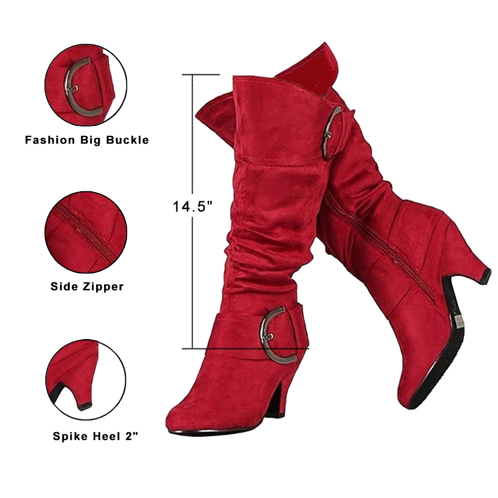 Tanie Damskie buty do kolan Sexy Spike obcasy sztuczny zamsz klamra długie buty moda Pointed Toe Zipper czerwone buty zimowe damskie 2019