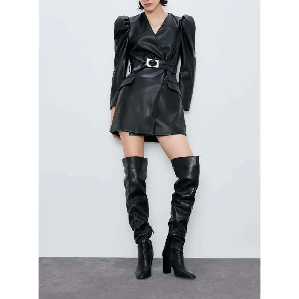 Женское элегантное платье из искусственной кожи 2019 модное женское черное тонкое