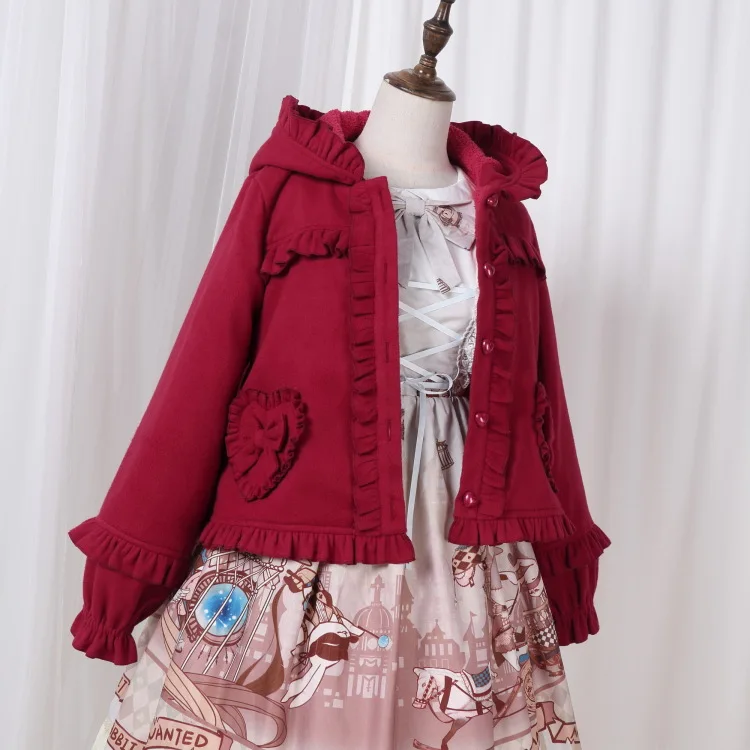 Осенне-зимнее пальто в японском стиле в стиле «Лолита», теплая бархатная Кепка-капюшон с бантиком, накидка для девочек
