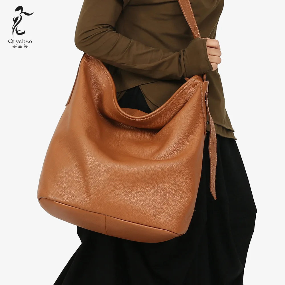 

WOMEN'S Bag 2018 New Style Full-grain Leather Europe And America Bucket Large Bag Shoulder Big Easy Bag Genuine Leather Wide-Str