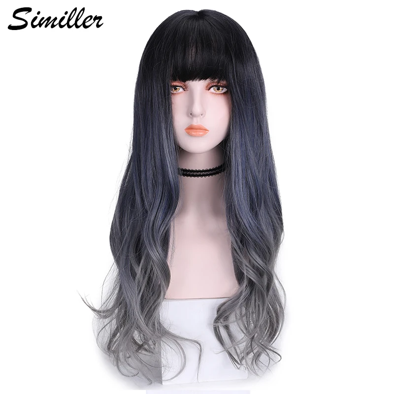 

Similler Длинные Синтетические волнистые парики Омбре для женщин черные T Синие Серые термостойкие волосы с челкой для ежедневного использования