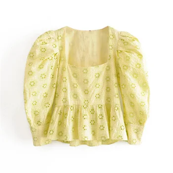 

Sweet Embroidery Hollow Out Blouses Square Collar Puff Sleeve Shirts Female Cute Short Tops Blusas