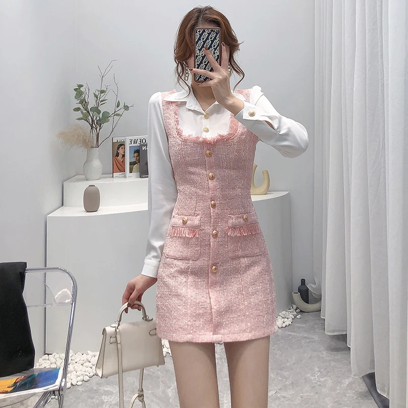 FREE SHIPPING Sweet Pink Tassel Bodycon Dress Two Piece Tweed Mini Dress JKP5880